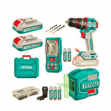 Kit Taladro Inalámbrico 76Nm + Medidor de Distancia y Nivel Laser + Accesorios
