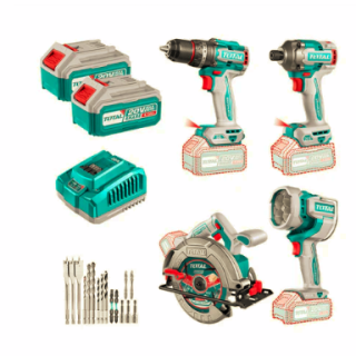 Kit 20V Taladro 96 Nm + Atornillador Imp 285Nm + Sierra Circ 4" + Linterna Total
