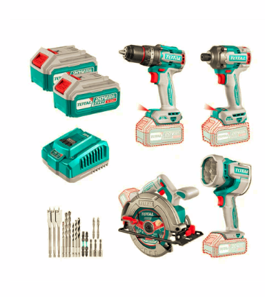 Kit 20V Taladro 96 Nm + Atornillador Imp 285Nm + Sierra Circ 4" + Linterna Total